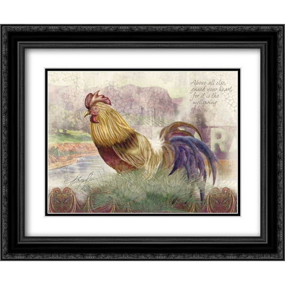 Blue Tail Rooster 2x Matted 24x20 Black Ornate Framed Art Print by Lee, Alma