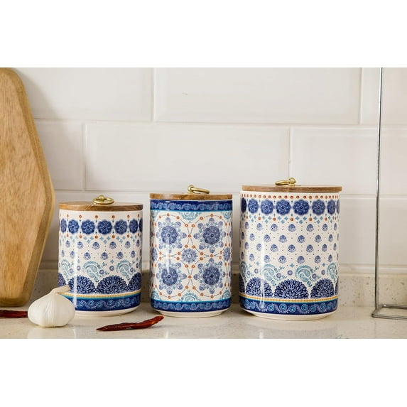 Blue Talavera Ceramic Canister Set of 3 with Wooden Airtight Lid for Coffee, Tea, Spice Storage