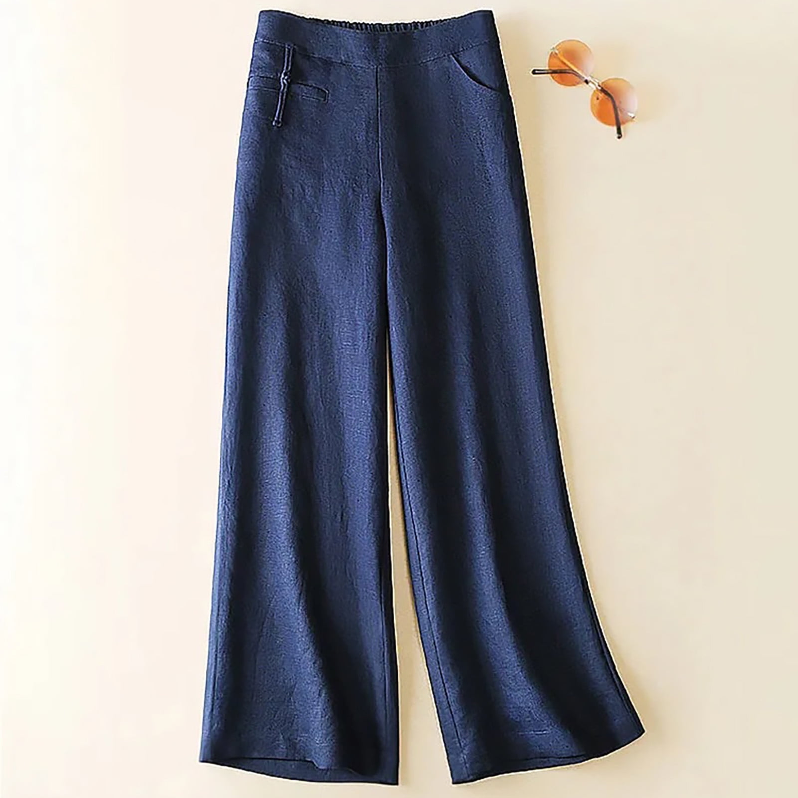 Blue Tall Wide Leg Trousers, Cotton Work Pants, Elastic Waist Capri Pants for Women, Shrinkto