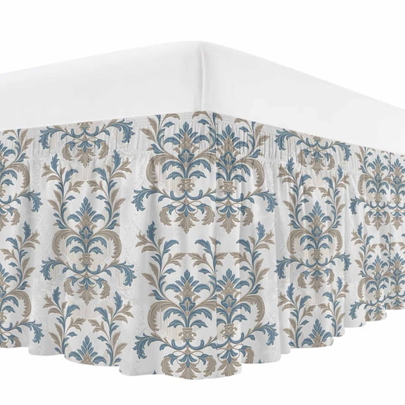 Blue Tan Flower Bed Skirt Cal King Size,Abstract Vintage Ethnic Tribal Boho Wrap Around Bed Skirting with Adjustable Elastic Strap,Dust Ruffled Pleated Bedskirts 18 Inch Drop for Bedroom Beds