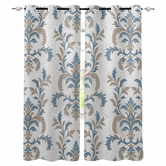 Blue Tan Flower Blackout Curtains 45 Inches Long for Bedroom, Abstract Vintage Ethnic Tribal Boho Thermal Insulated Room Darkening Black Out Window Curtain Panels Grommet Drapes for Living Room
