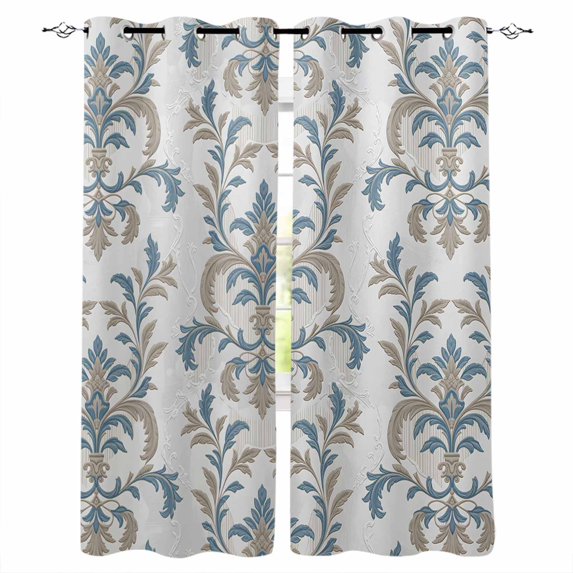 Blue Tan Flower Blackout Curtains 45 Inches Long for Bedroom, Abstract Vintage Ethnic Tribal Boho Thermal Insulated Room Darkening Black Out Window Curtain Panels Grommet Drapes for Living Room