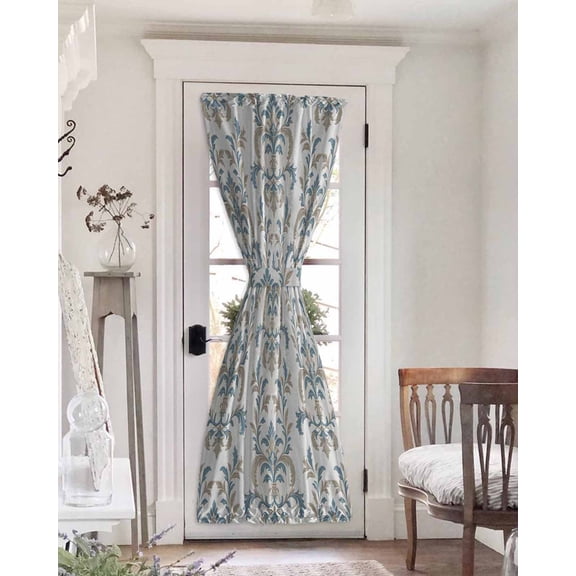 Blue Tan Flower Blackout Door Curtains for French, Glass,Front, Back, Patio Door, Abstract Vintage Ethnic Tribal Boho Thermal Insulated Rod Pocket Window Curtain Drapes With Tiebacks 25"x72"