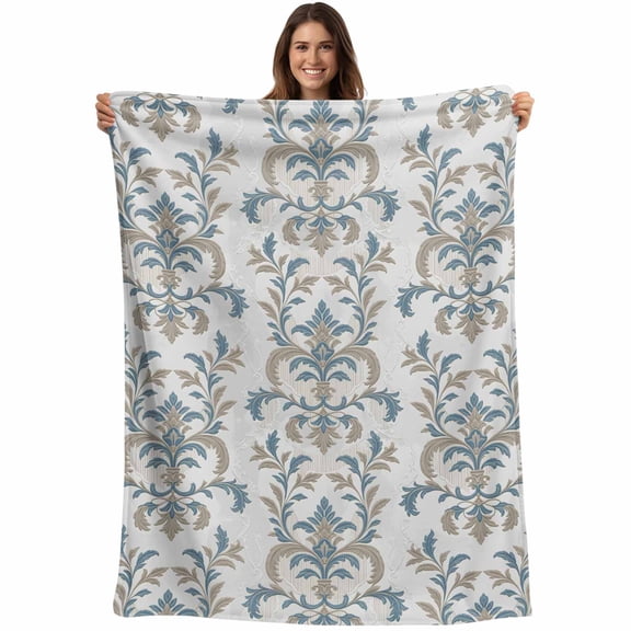 Blue Tan Flower Blanket Soft Cozy Warm Throw Blanket for Couch, Plush Fuzzy Flannel Fleece Blankets for Sofa, Abstract Vintage Ethnic Tribal Boho Bed Blankets Lightweight Gifts for Women, 50"x60"