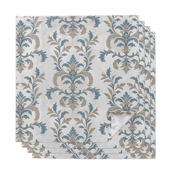 Blue Tan Flower Cloth Napkins, Abstract Vintage Ethnic Tribal Boho Washable and Reusable Dinner Napkins Set of 4, Table Napkin for Kitchen Party Birthday Wedding Hotel Housewarming 20"x20"