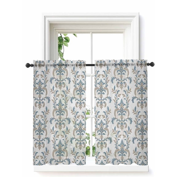 Blue Tan Flower Curtains 45 Inch Length, Sheer Curtains for Bedroom Living Room Window Abstract Vintage Ethnic Tribal Boho Rod Pocket Voile Drapes Kitchen Curtains Small Half Window 42"x45" 2 Panels