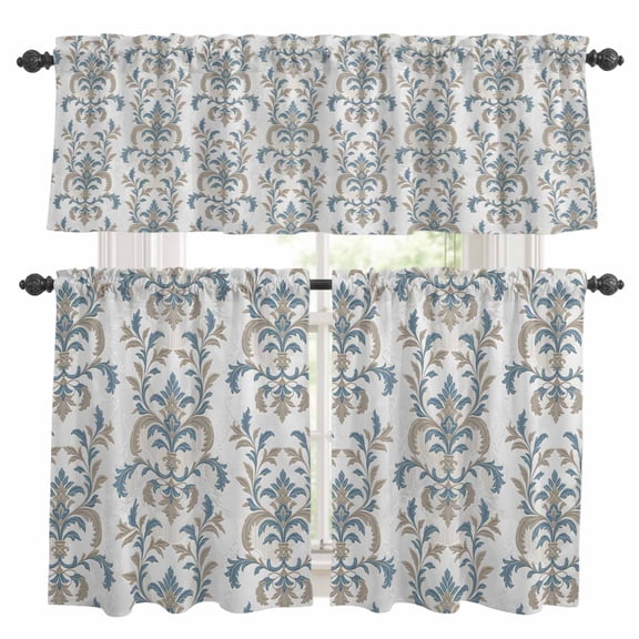 Blue Tan Flower Kitchen Curtains, Kitchen Curtains and Valances Set of 3, Abstract Vintage Ethnic Tribal Boho Light Filtering Tailored Tier Curtain 36 Inch Length Drapes for RV Cafe Bathroom Bedroom