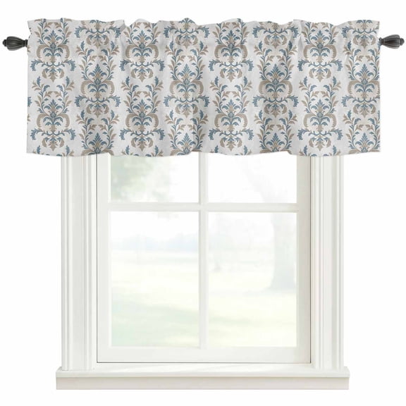 Blue Tan Flower Kitchen Valances for Windows, Abstract Vintage Ethnic Tribal Boho Bathroom Window Valances 54x18 Inch Rod Pocket Window Treatments Valance Curtains for Living Room Bedroom Decor