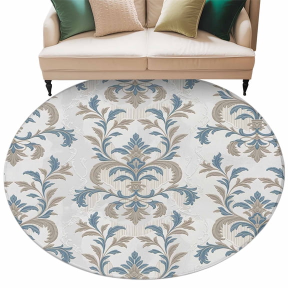 Blue Tan Flower Large Area Rugs for Bedroom Living Room, Soft Non Slip Carpet Bedside Rug, Abstract Vintage Ethnic Tribal Boho Round Floor Cover Kitchen Accent Rug 5' for Dining Room/Office