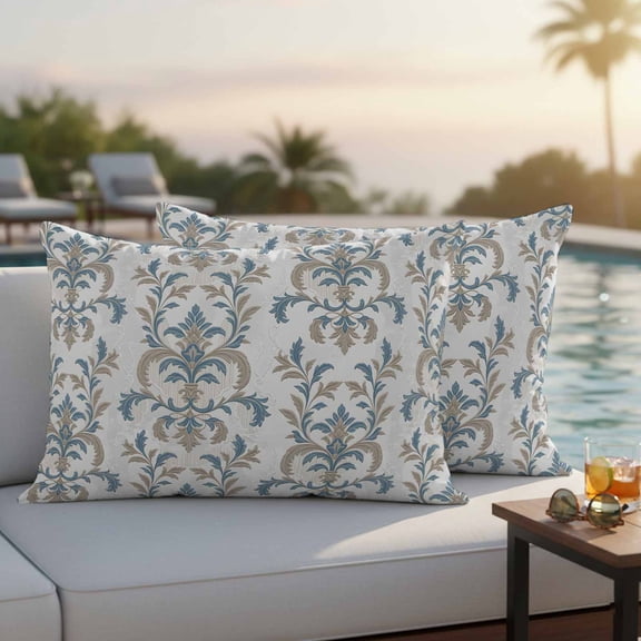Blue Tan Flower Outdoor Pillow Covers 20x12 Inch Lumbar Pillow Covers Set of 2 Waterproof Decorative Throw Pillow Cases Abstract Vintage Ethnic Tribal Boho Cushion Covers for Patio Furniture Garden