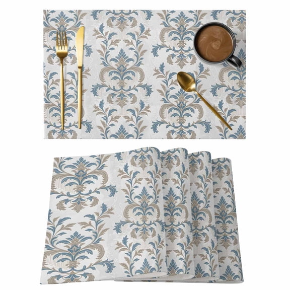 Blue Tan Flower Placemats Set of 12 Abstract Vintage Ethnic Tribal Boho Place Mats Indoor Wipeable Table Mats Washable Cloth Dining Table Placemats for Kitchen Holiday Party Home Decor 13x19 Inch