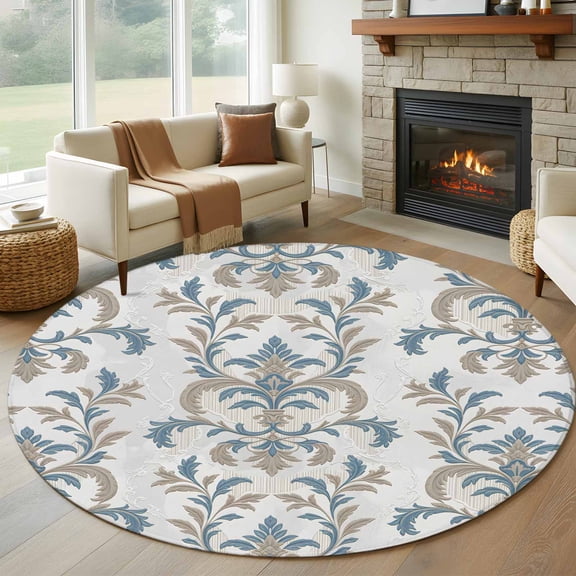 Blue Tan Flower Round Area Rug 6 FT, Non Slip Bedroom Rugs, Abstract Vintage Ethnic Tribal Boho Washable Soft Circular Carpet Non-Shedding Floor Mat for Kitchen Dining Room Home Office Kids Room