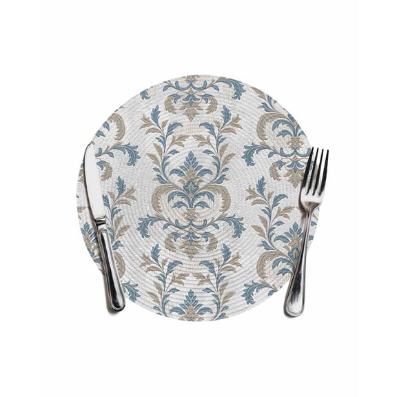 Blue Tan Flower Round Placemats for Dinning Tables,Heat-proof Braided Table Mats 13 Inch,Abstract Vintage Ethnic Tribal Boho Washable Place Mat for Kitchen Restaurant Party Decor Table Setting