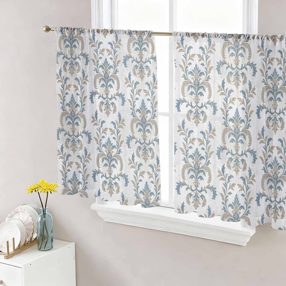 Blue Tan Flower Semi Sheer Curtains 54 Inch Length 2 Panels Set, Abstract Vintage Ethnic Tribal Boho Sheer Kitchen Curtain Privacy Voile Window Curtain for Living Room Bedroom Rod Pocket Drapes