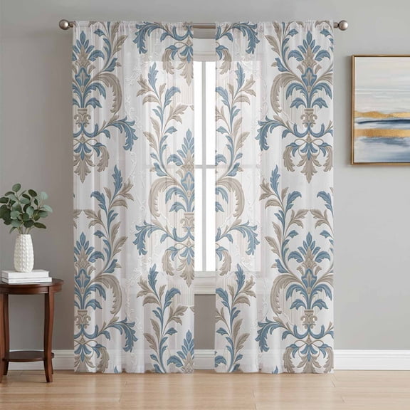 Blue Tan Flower Semi Sheer Window Curtains 96 Inches Long, Abstract Vintage Ethnic Tribal Boho Rod Pocket Voile Chiffon Curtain Light Filtering Drapes for Living Room, Kitchen, 52"x96", 2 Panels