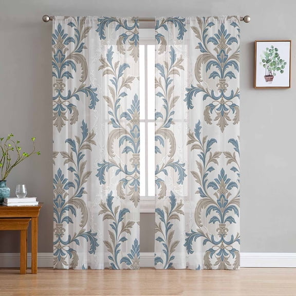 Blue Tan Flower Sheer Curtains 63 Inch Length 2 Panels Set, Semi Transparent Voile Rod Pocket Curtains for Living Dining Room Bedroom Drapes Abstract Vintage Ethnic Tribal Boho