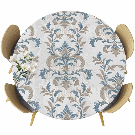 Blue Tan Flower Table Cloth, Round Fitted Tablecloths with Elastic Edge, Abstract Vintage Ethnic Tribal Boho Wipeable Waterproof Table Cover for Kitchen Wedding 36-44 Inches