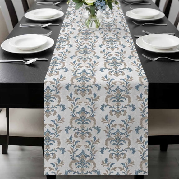 Blue Tan Flower Table Runner 120 Inches Long, Abstract Vintage Ethnic Tribal Boho Kitchen Coffee Dining Table Decoration for Home Party Birthday Wedding Home Decor 13x120 Inches