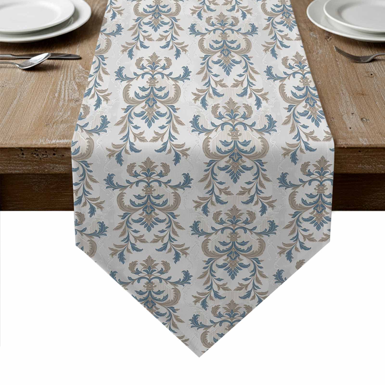 Blue Tan Flower Table Runner Linen Burlap Table Runner 90 Inches Long ...
