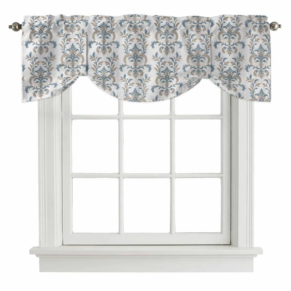 Blue Tan Flower Tie Up Valance Curtains for Windows, Kitchen Curtains Window Shades, Abstract Vintage Ethnic Tribal Boho Light Filtering Roman Curtain Valances for Bedroom/Bathroom/Cafe 42"x12"