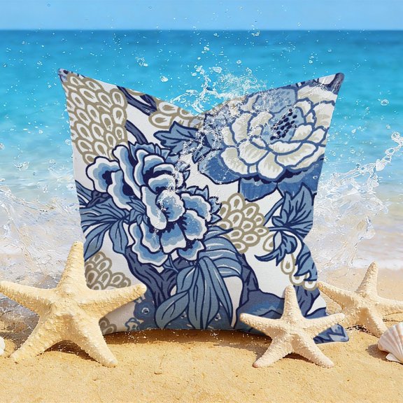 Blue And Tan Peony Chinoiserie Floral Outdoor Pillow Cases, Colorful Chinoiserie Flower Pillow Covers, 18x18 Cover, Chinoiserie Peony Floral Home Decor, Gorgeous Standard Pillowcase