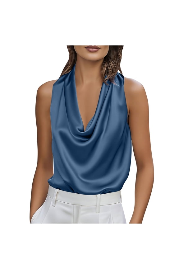 Blue Tank Tops for Women Satin Tank Tops Trendy Cowl Neck Shirts Sleeveless Teacher Clothes Blouse