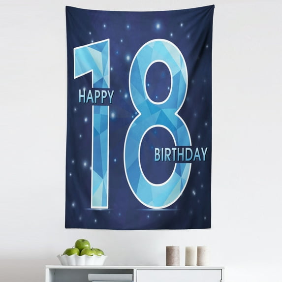 Blue Tapestry, 18 Years Birthday with Galaxy Star Themed Dots Image Art Print, Fabric Wall Hanging Decor for Bedroom Living Room Dorm, 5 Sizes, Dark Blue and Sky Blue, by Ambesonne