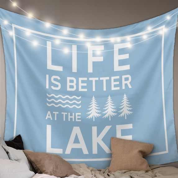 Blue Tapestry for Bedroom Wall Hanging Tapestry, Mountain Forest Tree Life Is Better at The Lake Ceiling Backdrop Tapestries Poster Blanket Wall Decor for Teens Room Living Room Dorm 59" x 79"
