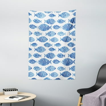 Blue Tapestry, Fish Sea Animal Figures with Ancient Ottoman Ornate Mosaic Hand Drawn Style Marine Artwork, Wall Hanging for Bedroom Living Room Dorm Decor, 40W X 60L Inches, Blue, by Ambesonne