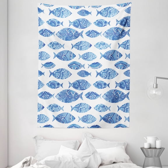 Blue Tapestry, Fish Sea Animal Figures with Ancient Ottoman Ornate Mosaic Hand Drawn Style Marine Artwork, Wall Hanging for Bedroom Living Room Dorm Decor, 60W X 80L Inches, Blue, by Ambesonne