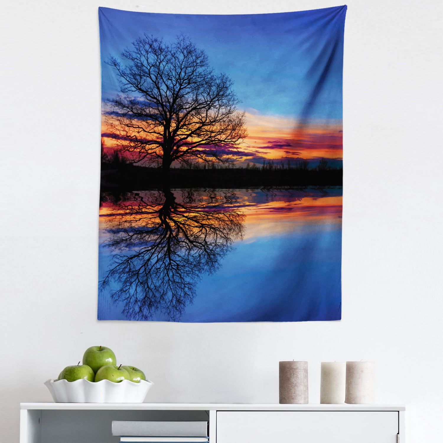 Reflection Tree Hanging Blue Tapestry, Majestic Full Branch Tree at Twilight with Water ...