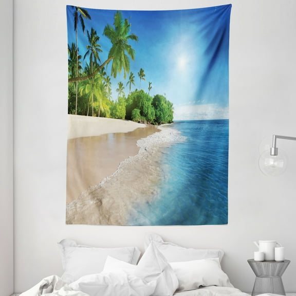 Blue Tapestry, Ocean Tropical Palm Trees on Sunny Island Beach Scene Panoramic View Picture, Wall Hanging for Bedroom Living Room Dorm Decor, 60W X 80L Inches, Blue Green and White, by Ambesonne