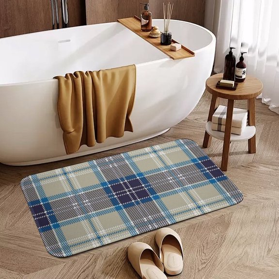 Blue Tartan Plaid Doormat 50x80cm Non-Slip Absorbent Bathroom Rug Soft Crystal Velvet Floor Mat for Indoor Use, Durable & Stain-Resistant Decorative Doormat Made in the USA