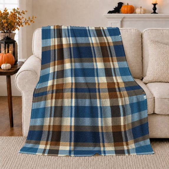 Blue Tartan Plaid Pattern, Festive Holiday Scene, Warm Flannel Blanket for Living Room and Family Room with Detailed Artwork, Art Lovers Thanksgiving Gift, Festive Home Decor