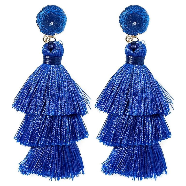 Blue Tassel Earrings for Women Colorful Layered Tassle 3 Tier