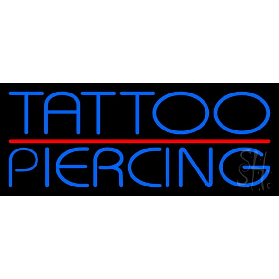 Blue Tattoo Piercing Red Line LED Neon Sign 10" Tall x 24" Wide - inches Black Square Cut Acrylic Backing, with Dimmer - Premium built indoor Sign for Storefront, Store interior, Studio.