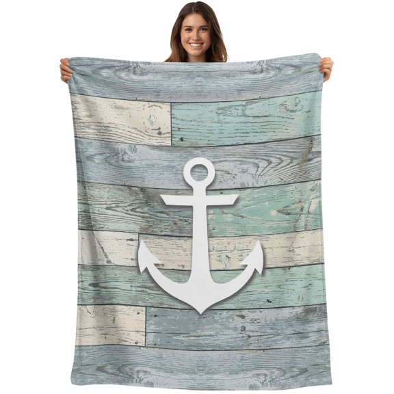 Blue Teal Anchor Blanket Soft Cozy Warm Throw Blanket for Couch, Plush Fuzzy Flannel Blankets for Sofa, Wooden Vintage Art Nautical Bed Blankets Lightweight Gifts for Women, 30"x40"
