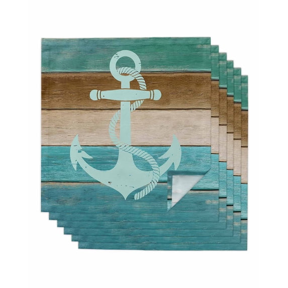 Blue Teal Anchor Cloth Napkins Set of 6 Reusable Dinner Napkins, Retro Brown Nautical Coastal Cocktail Napkin Washable Table Napkins for Wedding/Holiday Party/Baby Shower 20"x20"