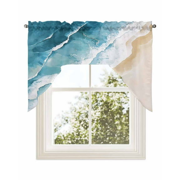 Blue Teal Beach Coastal Kitchen Curtains Swag Valance for Windows/Bathroom/Cafe, Summer Nautical Seaside Ocean Rod Pocket Drape Panel Swag Curtains Valance for Bedroom/Living Room 56"x36"