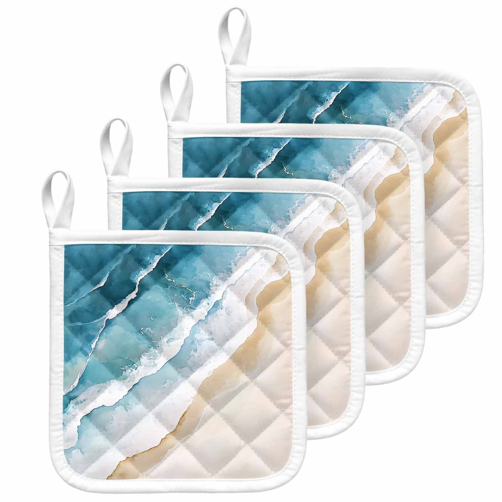 Blue Teal Beach Coastal Pot Holders for Kitchen Heatproof Potholder, 4 Pack Summer Nautical Seaside Ocean Hot Pads Multipurpose Oven Pads Cloth Potholders Trivet for Cooking and Baking