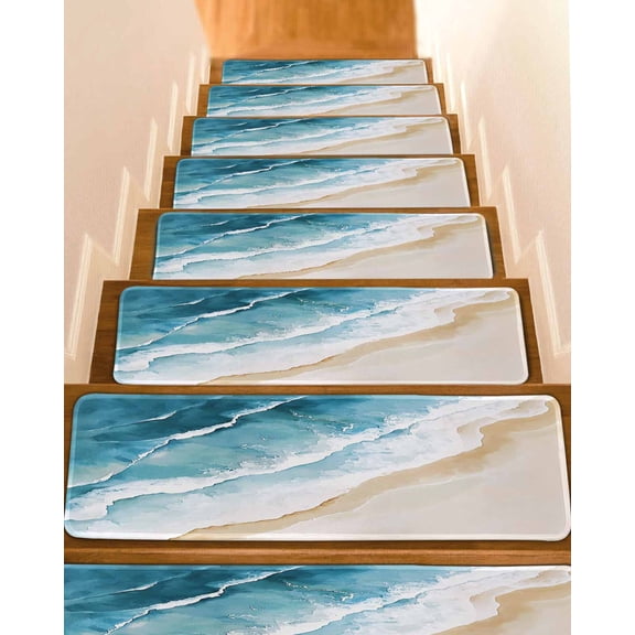 Blue Teal Beach Coastal Stair Treads for Wooden Steps Indoor Runner Rug Carpet, Summer Nautical Seaside Ocean 4 Pieces Peel and Stick Staircase Step Treads Covers Washable Throw Door Mats, 30"x8"