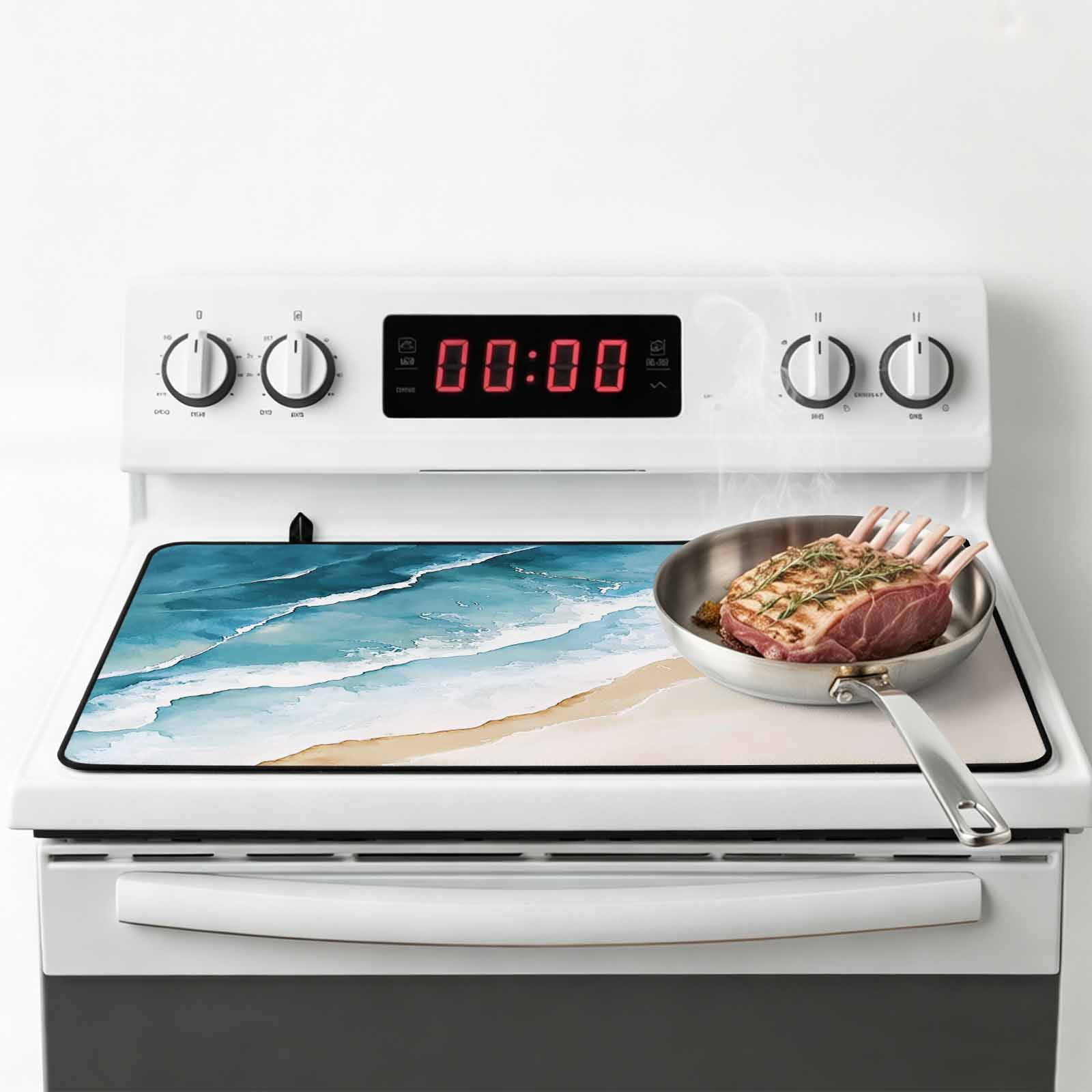 Blue Teal Beach Coastal Stove Top Cover for Electric Stove, Heat-proof & Non Slip Glass Top Stove Cover Protector, Summer Nautical Seaside Ocean Kitchen Flat Cooktop Rubber Mat 24x21 Inches