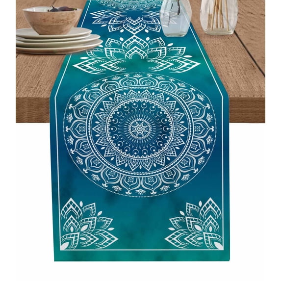 Blue Teal Boho Burlap Cotton Table Runner 18x72 Inches Long, Retro Rustic Ethnic Abstract Geometric Art Farmhouse Table Runners, Outdoor Dining Tablecloths Decor for Baby Shower/Party/Wedding