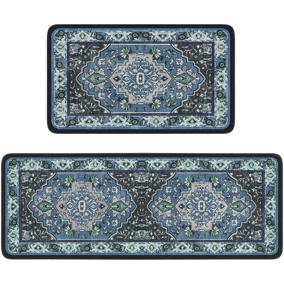 Blue Teal Boho Style Kitchen Rugs Sets,Kitchen Mats for Floor 2 Piece,Washable Kitchen Rugs Non Slip (17"x48"+17"x24")