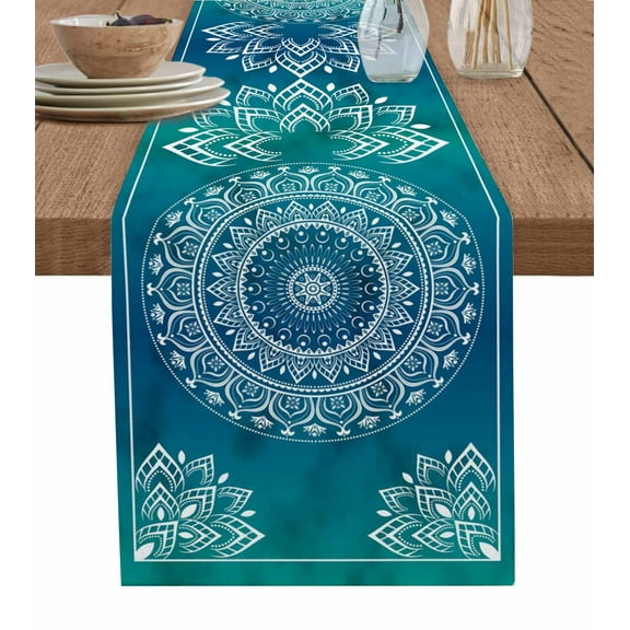 Blue Teal Boho Table Runner Retro Rustic Ethnic Abstract Geometric Art Tablerunners 14 x 72 Inch, Table Decorations Tabletop Scarf for Summer Gathering Holiday Farmhouse Kitchen Dining Decor