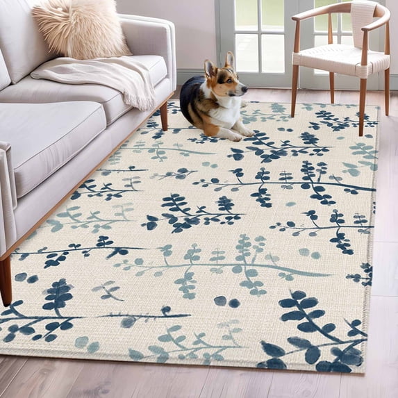 Blue Teal Botanical Area Rug 3x5 Washable Rug Non Slip Rustic Country Spring Floral Summer Leaf Large Area Rug Indoor Floor Carpet for Entryway Bedroom Kitchen Living Room Home Office Dining Room