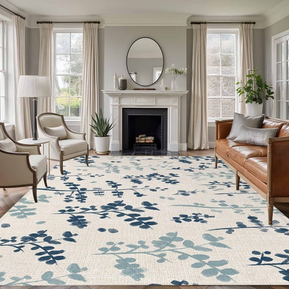 Blue Teal Botanical Area Rugs 5'x7', Small Throw Rugs for Laundry Room Playroom, Rustic Country Spring Floral Summer Leaf Indoor Outdoor Rug Non-Slip Low Pile Carpet Runner Reversible Floor Mats