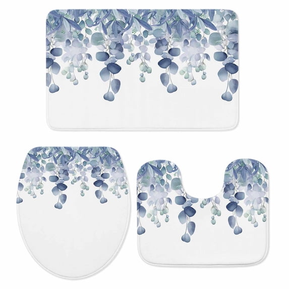 Blue Teal Botanical Bath Mat 3 Piece Bathroom Rug Set, Eucalyptus Leaves Pastoral Floral Non Slip Bath Rug Contour Mat and Toilet Lid Cover, Absorbent Shower Mats Soft Bath Rugs and Mats Sets
