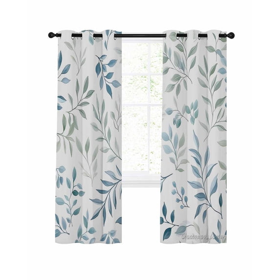 Blue Teal Botanical Blackout Curtains, Light Blocking Print Window Curtains, Spring Summer Leaves Watercolor Thermal Insulated Window Drapes for Living Room Kitchen Cafe 2 Panels, 84"W x 84"L
