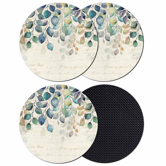 Blue Teal Botanical Coasters Set of 4, Weeping Fall Eucalyptus Leaves Rustic Absorbent Coasters for Drinks, Coaster for Bar Office Dining Coffee Table Accessories Decor, Non Slip Round Desk Coaster